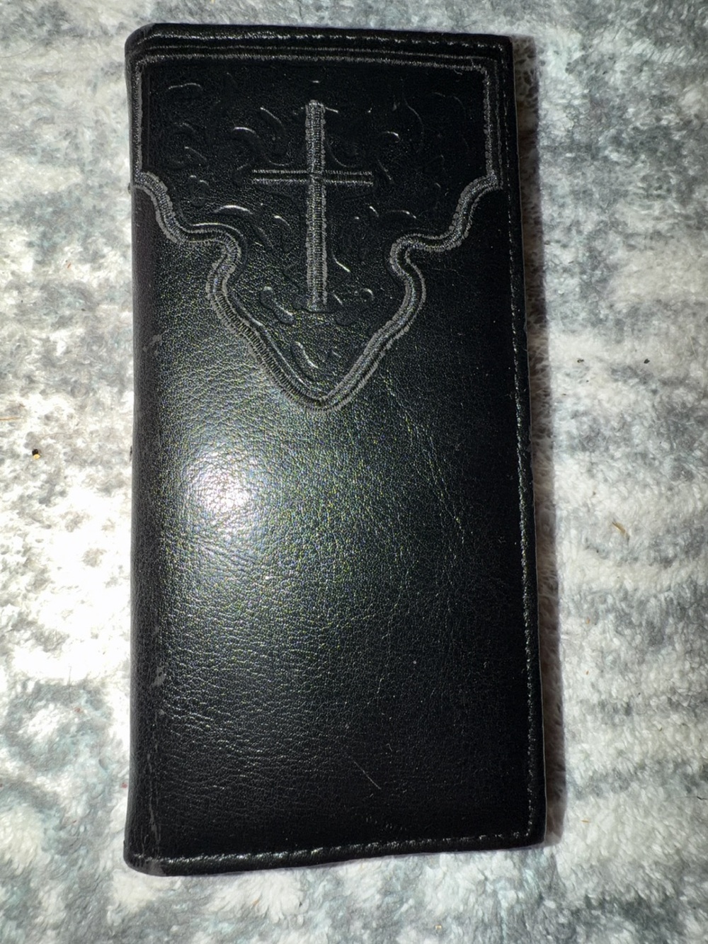 Black Leather Trifold Wallet with Embossed Cross - Men Accessories